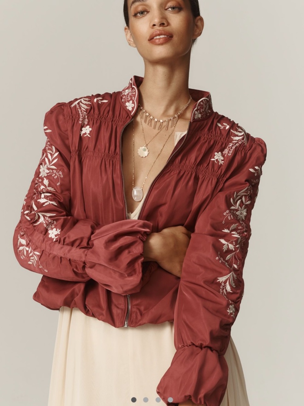 Anthropologie Rust Red Embroidered Bomber Jacket